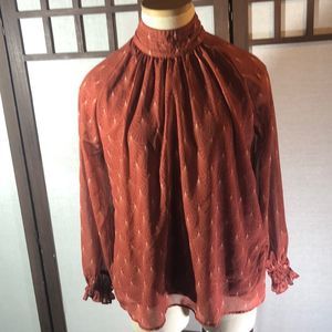 Bohme blouse Art Deco pattern high Neck Long Sleeve Blouse sz S/rust and cream